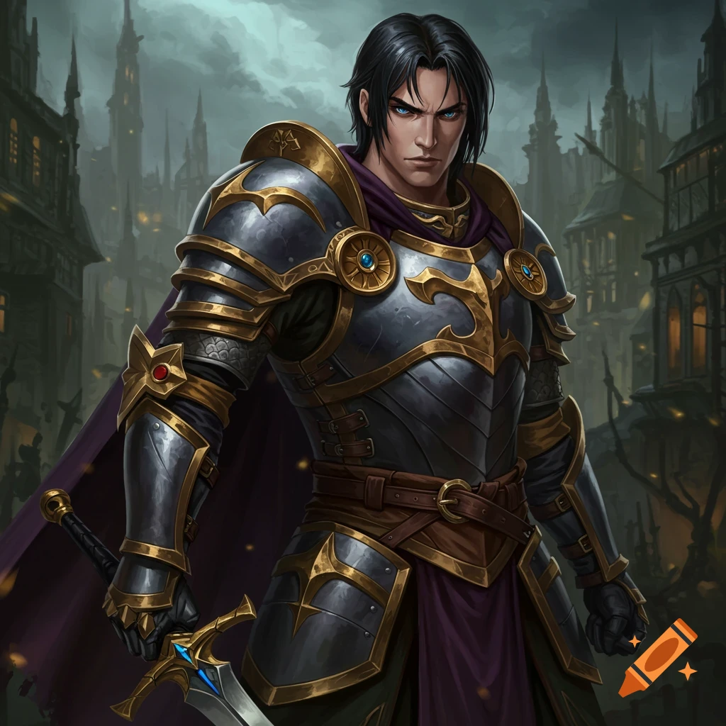 A knight in dark and gold armor stands holding a sword before a dark, atmospheric fantasy city.