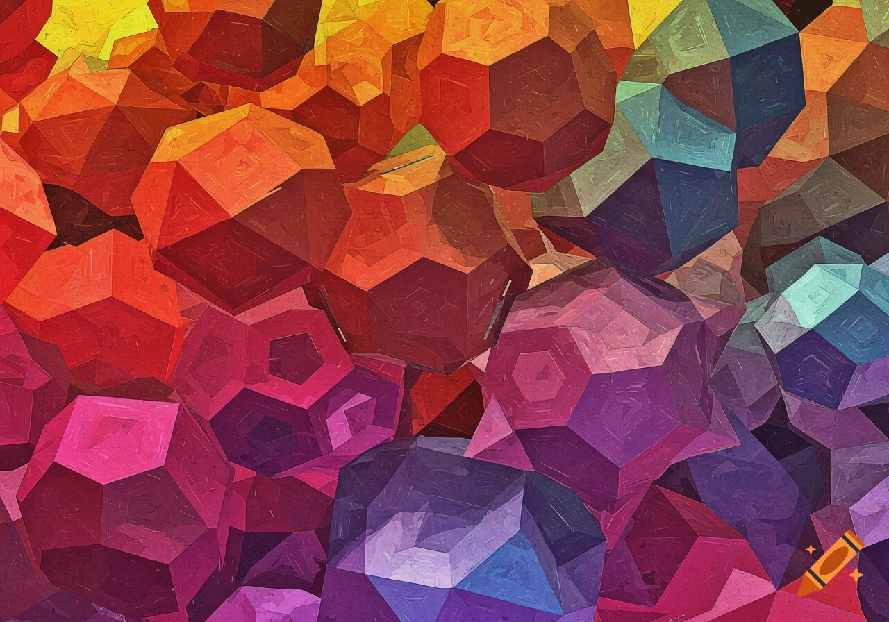 A close-up abstract image of many overlapping geometric shapes in vibrant orange, red, purple, and blue colors with a textured effect.