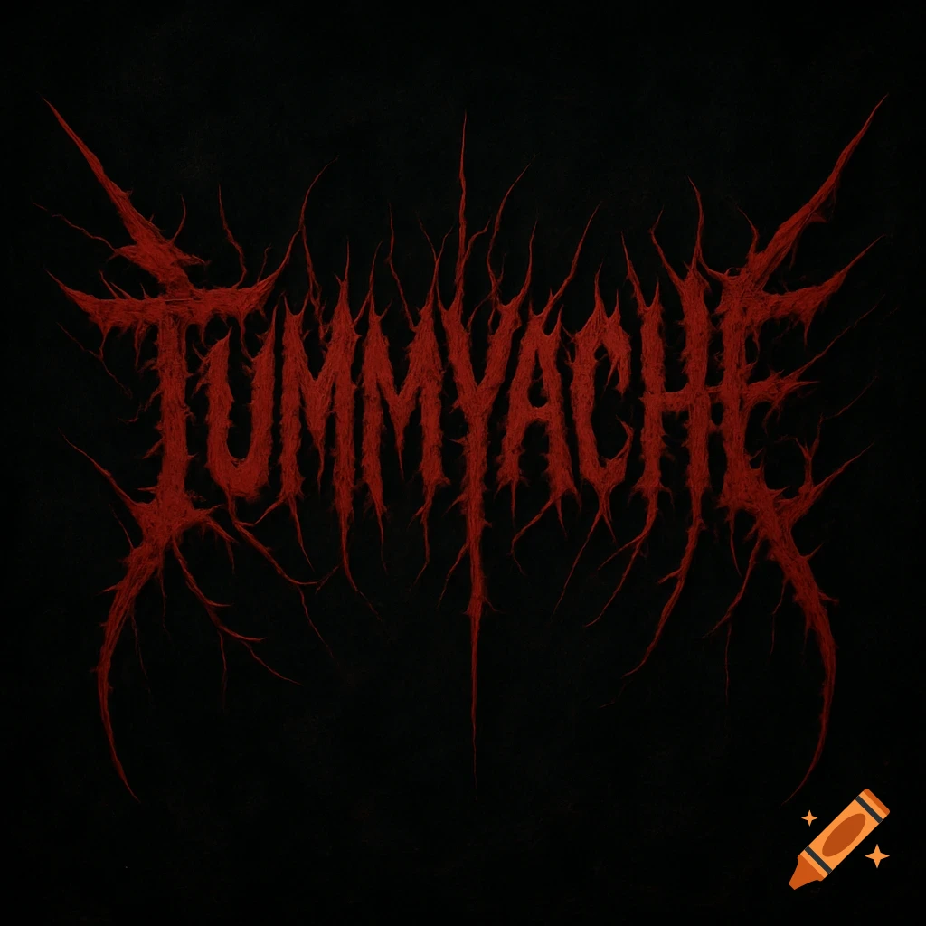 Red text reading 'Tummyache' in a spiky, deathcore band logo style on a black background.