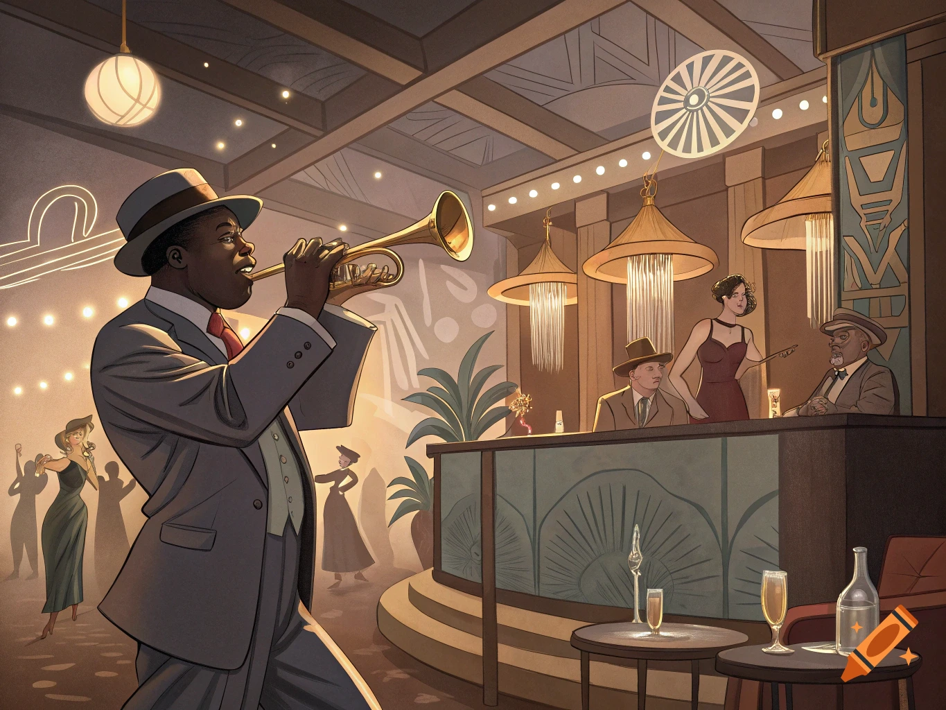 A jazz musician plays the trumpet in a club.