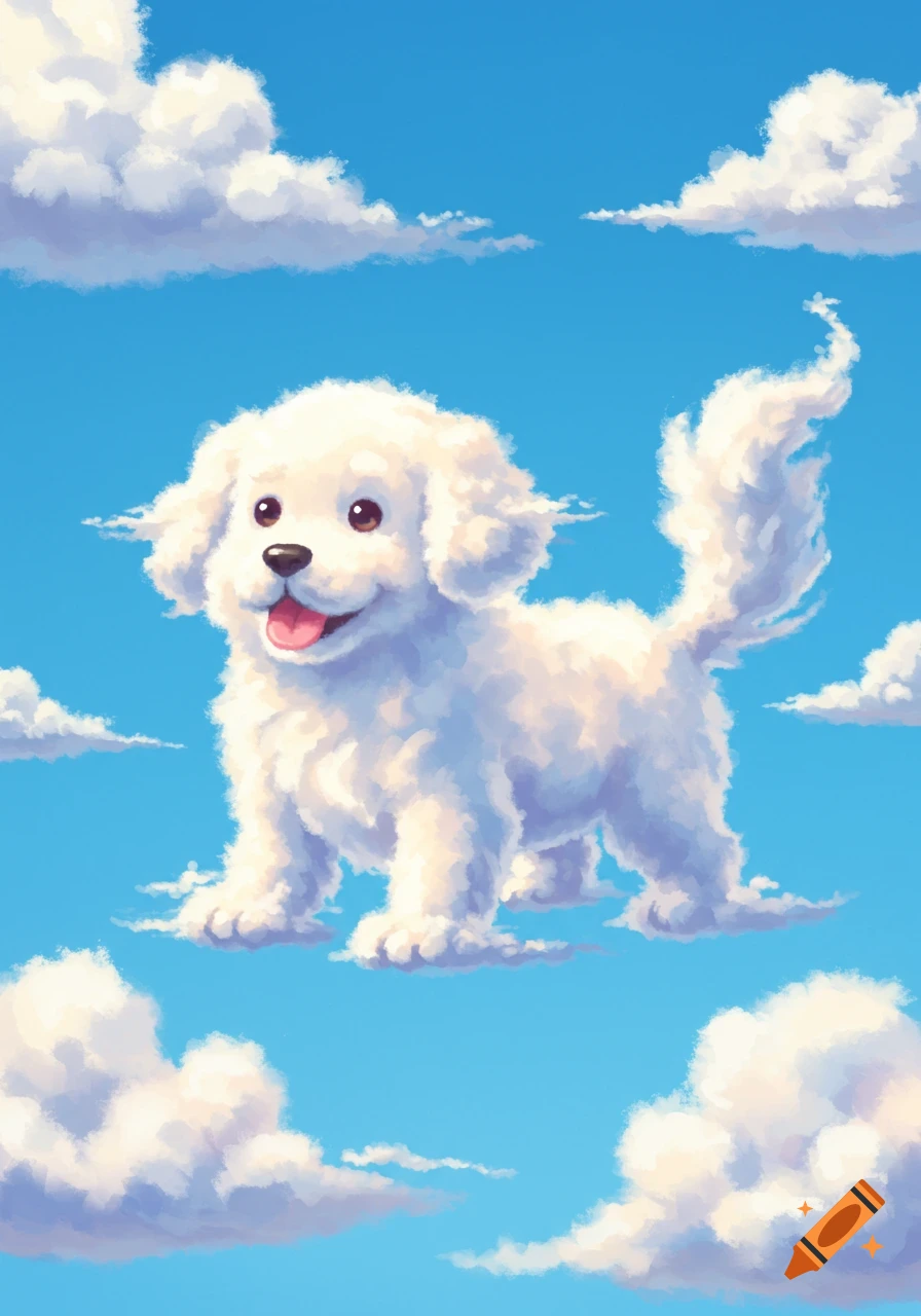 A fluffy white cloud dog floats in a blue sky.