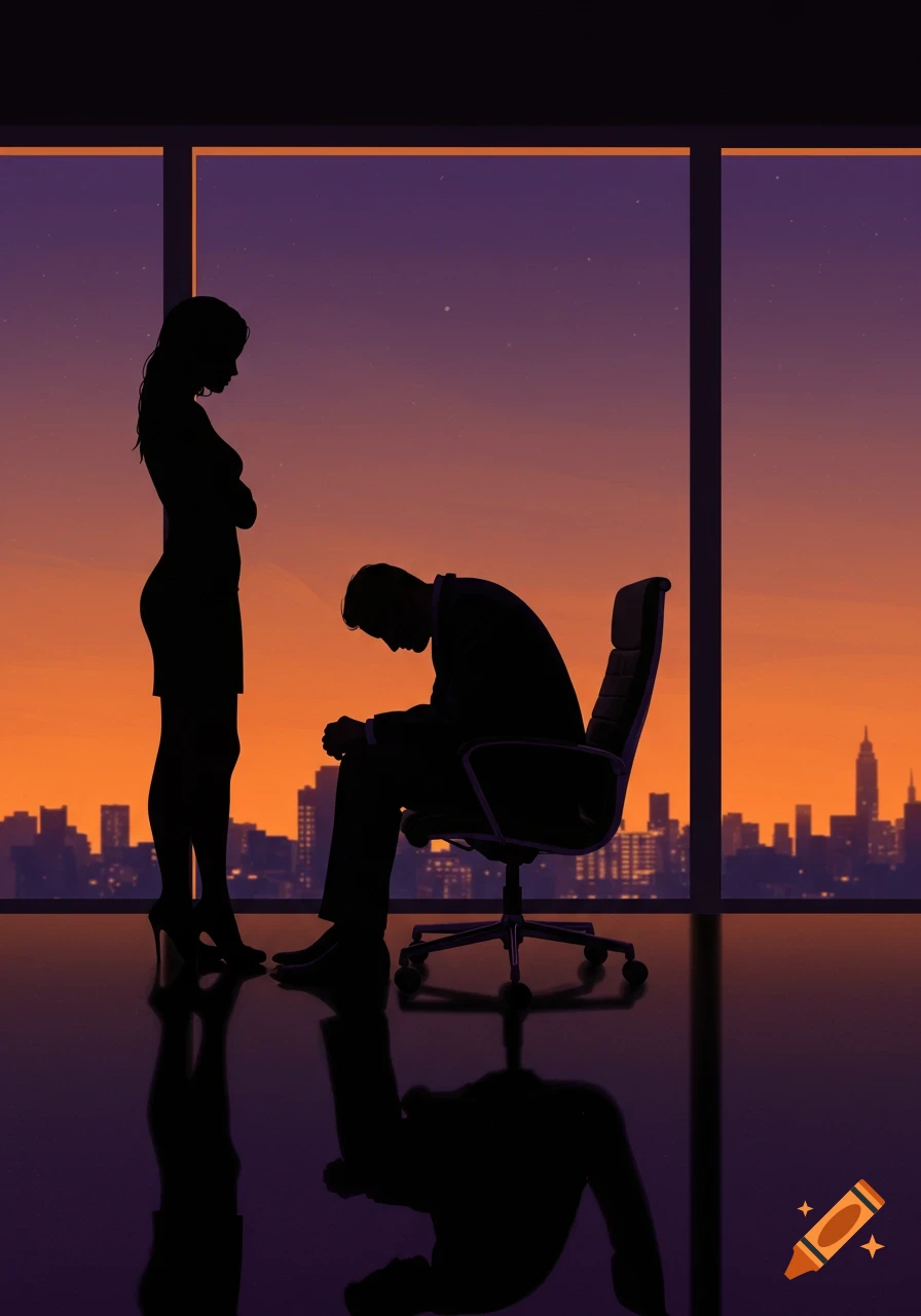 Silhouettes of a woman standing and a man seated at an office window overlooking a city skyline at dusk.