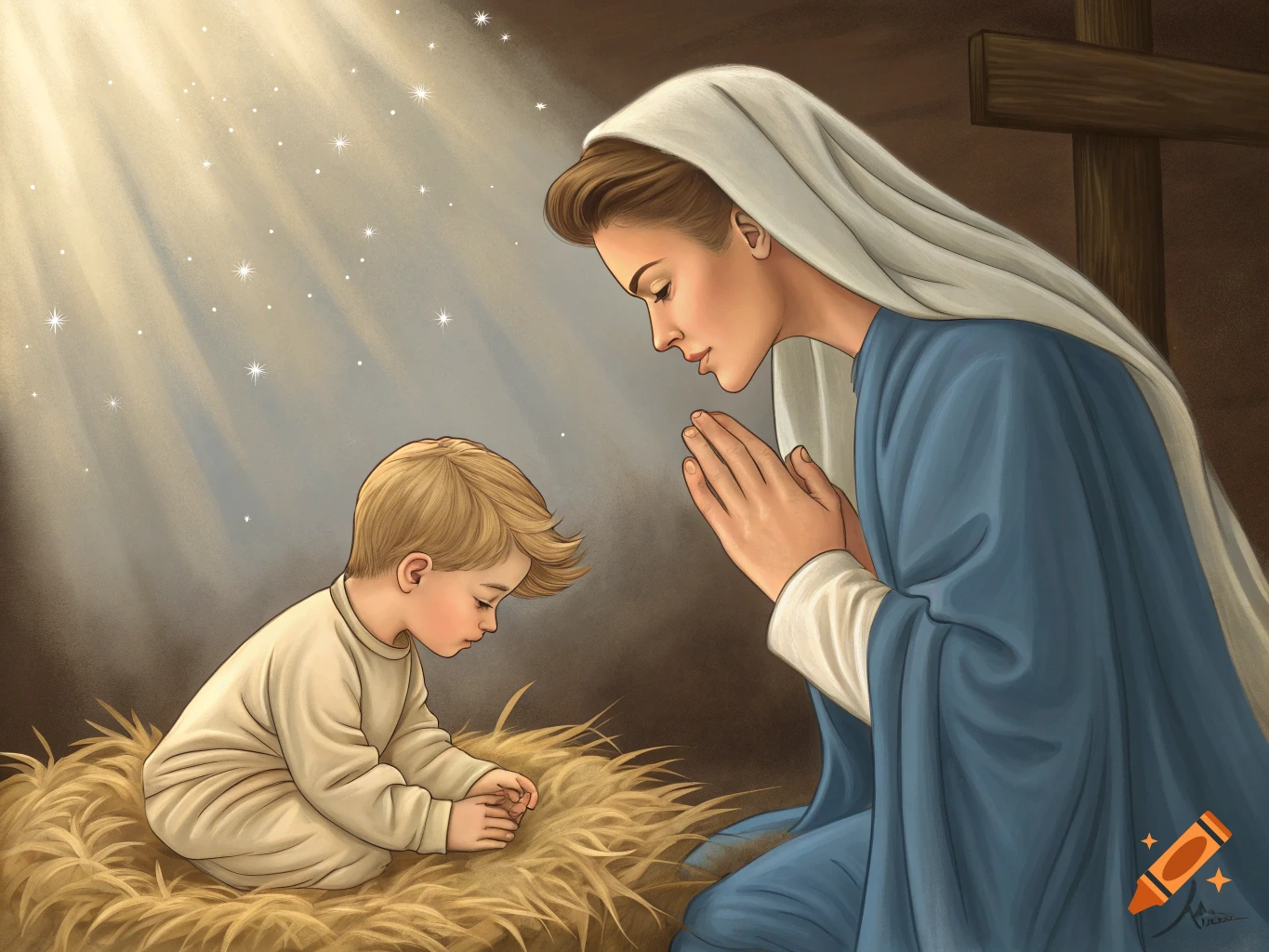 Illustration of Mary kneeling over baby Jesus in a manger, praying