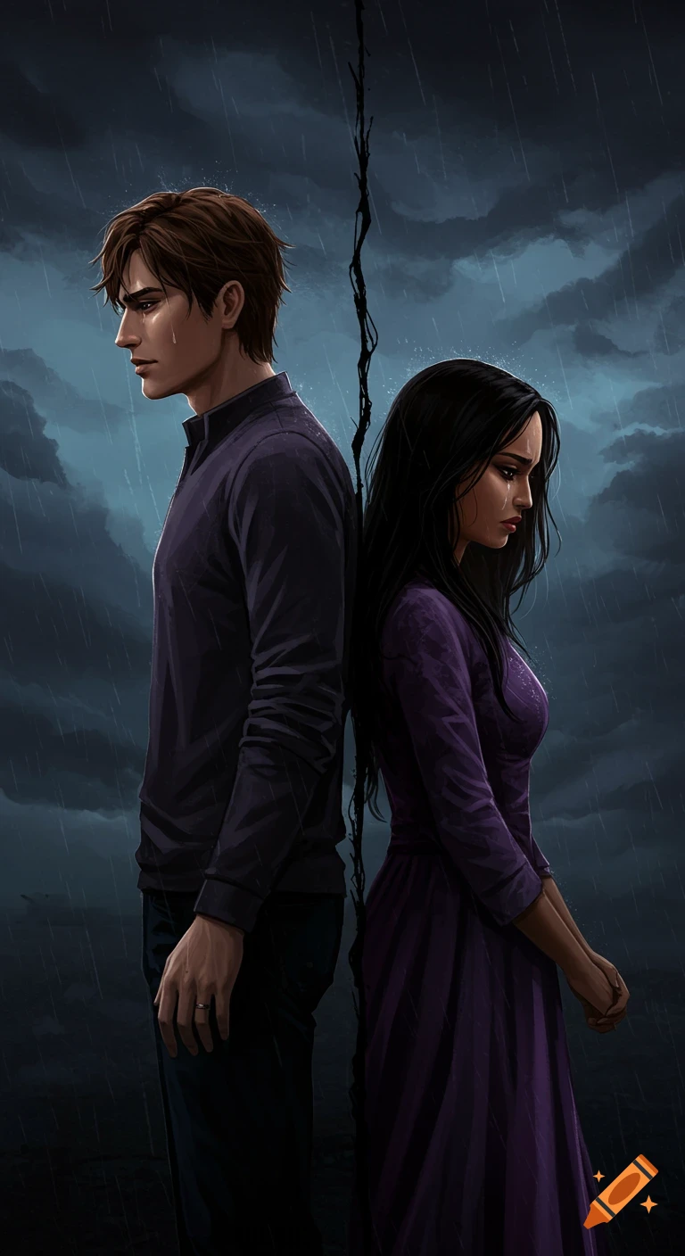Illustration of a man and woman standing back to back in the rain under a dark sky, looking sad.