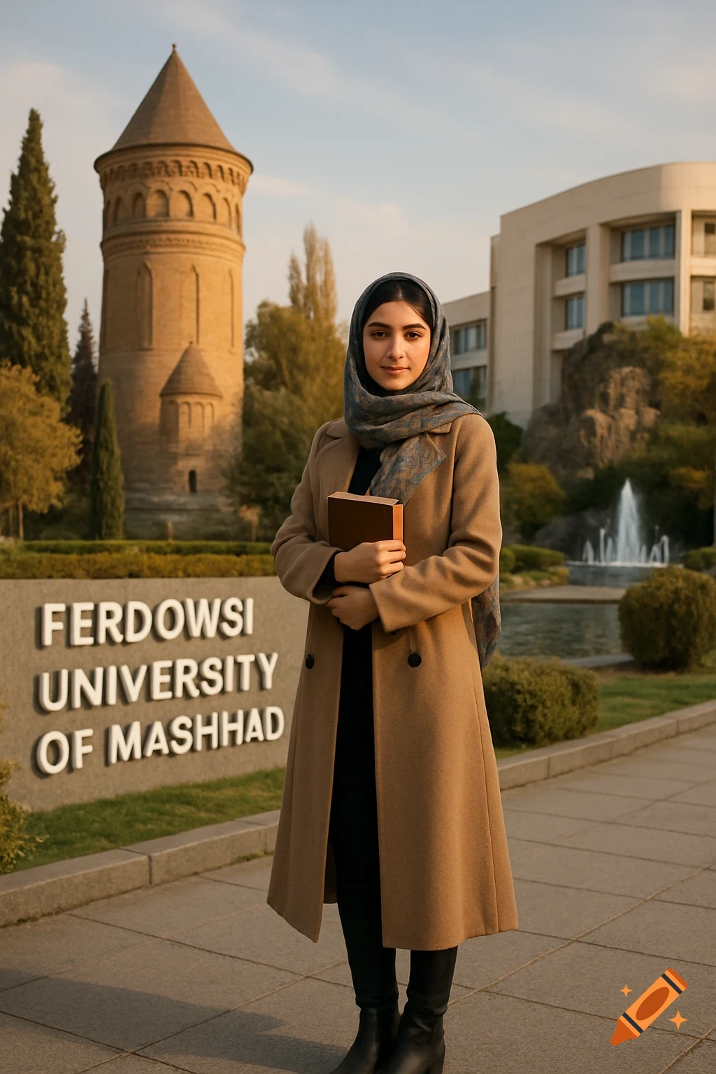 Young woman with headscarf and coat holding a book in front of a university sign and building.