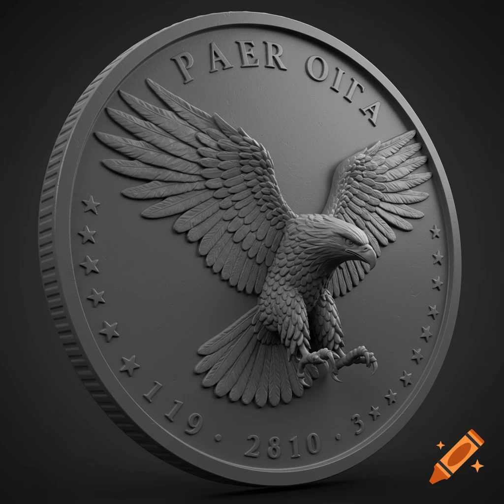 Grayscale 3D render of a coin with an eagle