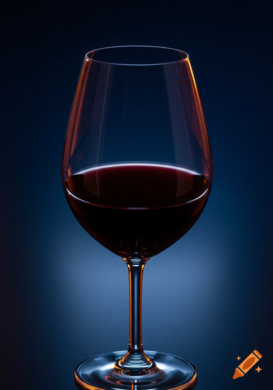 Close-up of a wine glass filled with red wine against a dark background.