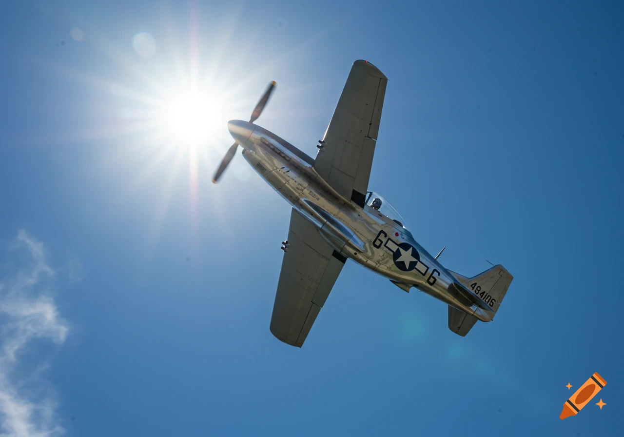 Silver P-51 Mustang fighter plane flying against the sun in a blue sky.