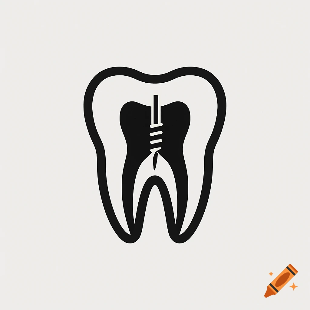 A simple black and white logo illustration showing a cross-section of a tooth with a root canal structure.