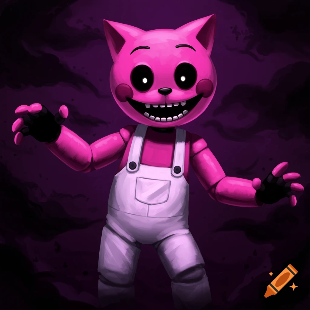 A pink animatronic cat character in white overalls poses with a creepy smile in the dark.