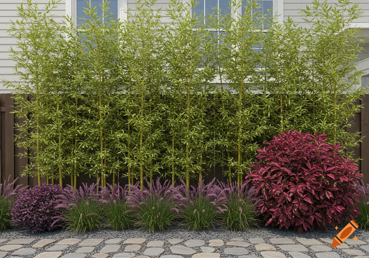 A lush green bamboo hedge stands before a fence and white house, bordered by purple grasses, red bushes, and a stone path.