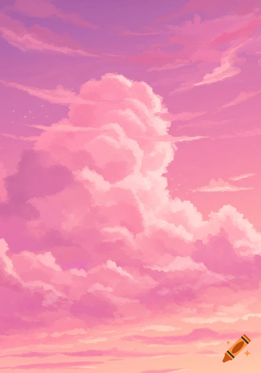 Illustrative pink and purple clouds filling the sky.