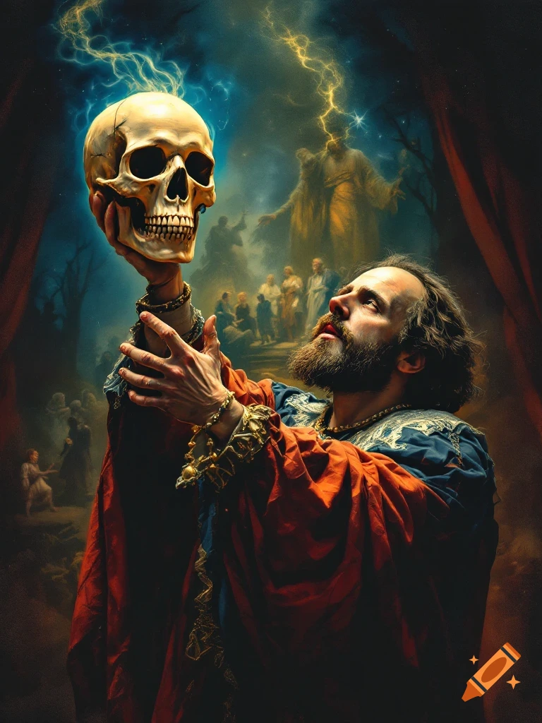 Painting of a man, likely Hamlet, holding a skull in a historical setting with figures and lightning in the background.
