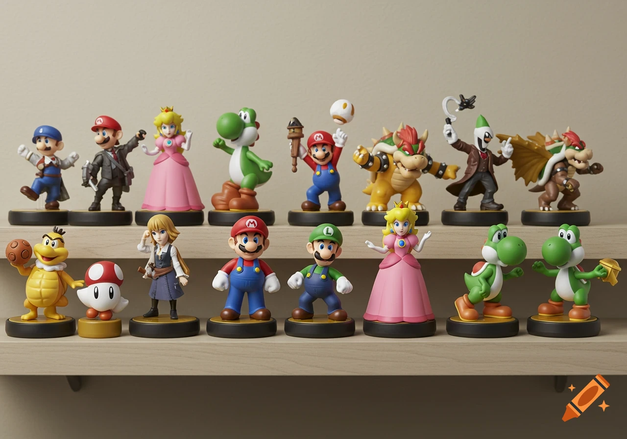 A collection of Super Mario amiibo figures displayed on two shelves.