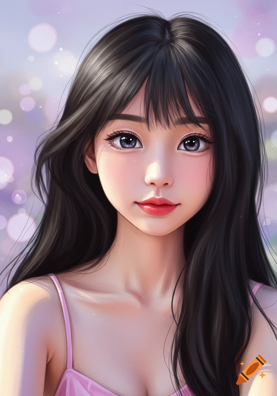 Portrait of a girl with long dark hair and purple eyes in a digital art style