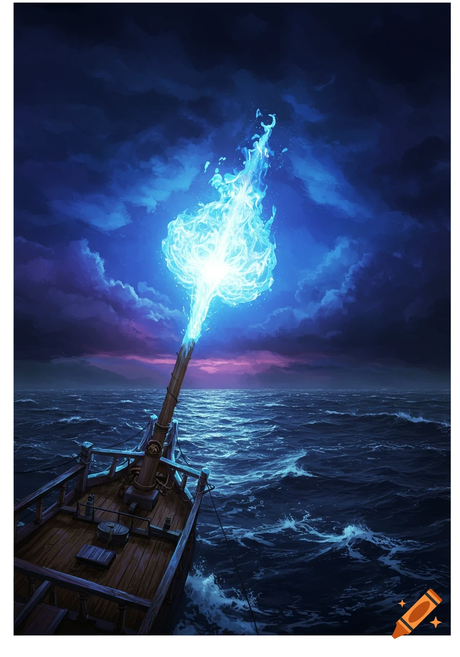 A boat on a stormy sea with bright blue St. Elmo's Fire emanating from its mast, digital painting.