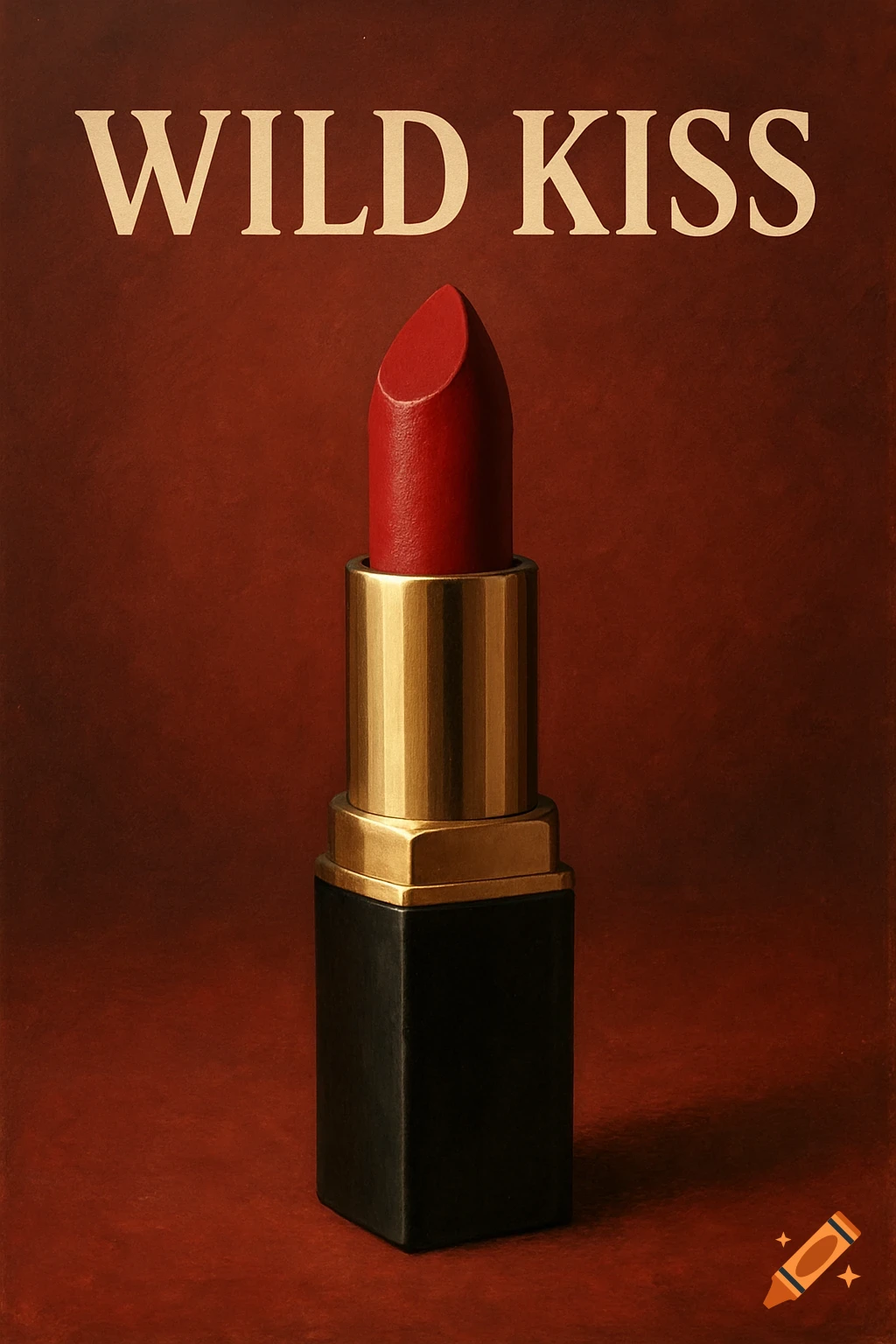 Close-up of red lipstick with gold and black casing, text 'WILD KISS' above