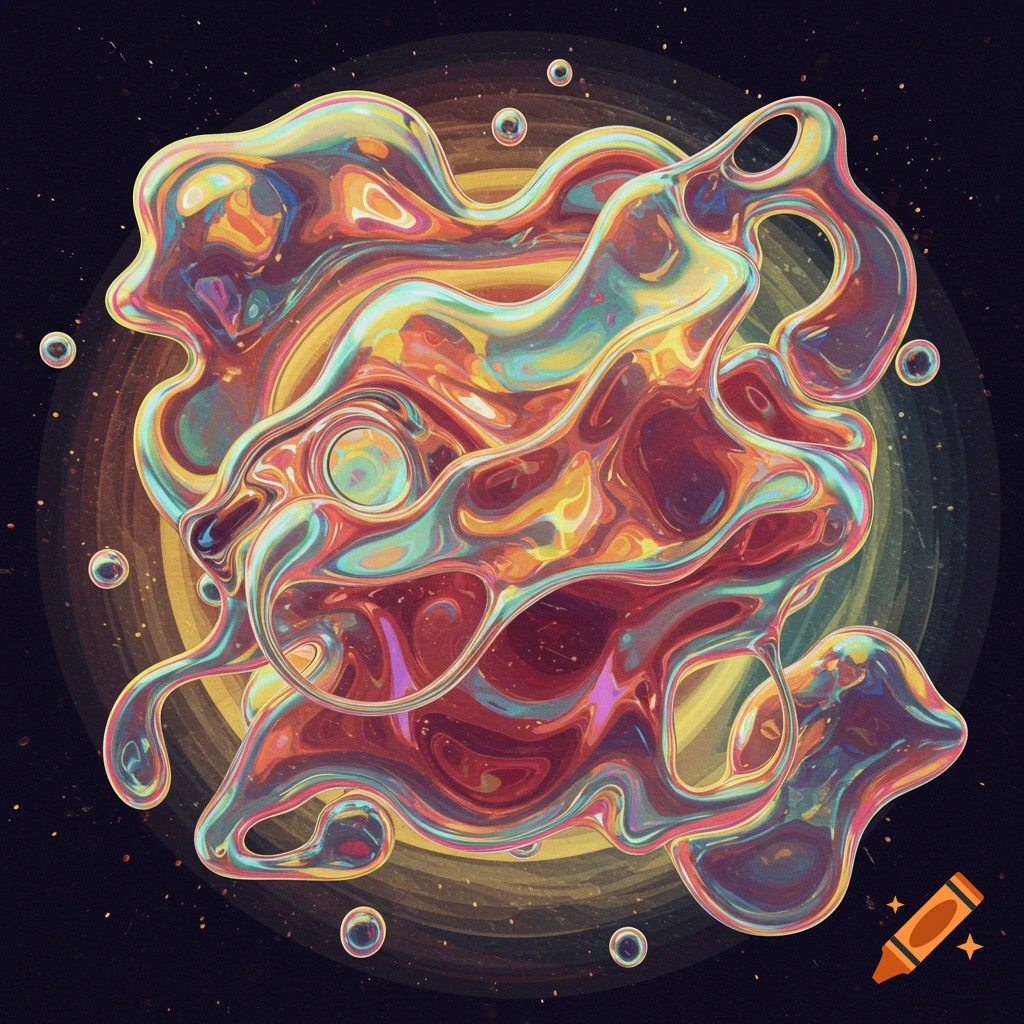 Abstract iridescent liquid form with swirling colors against a dark cosmic background with rings and bubbles.