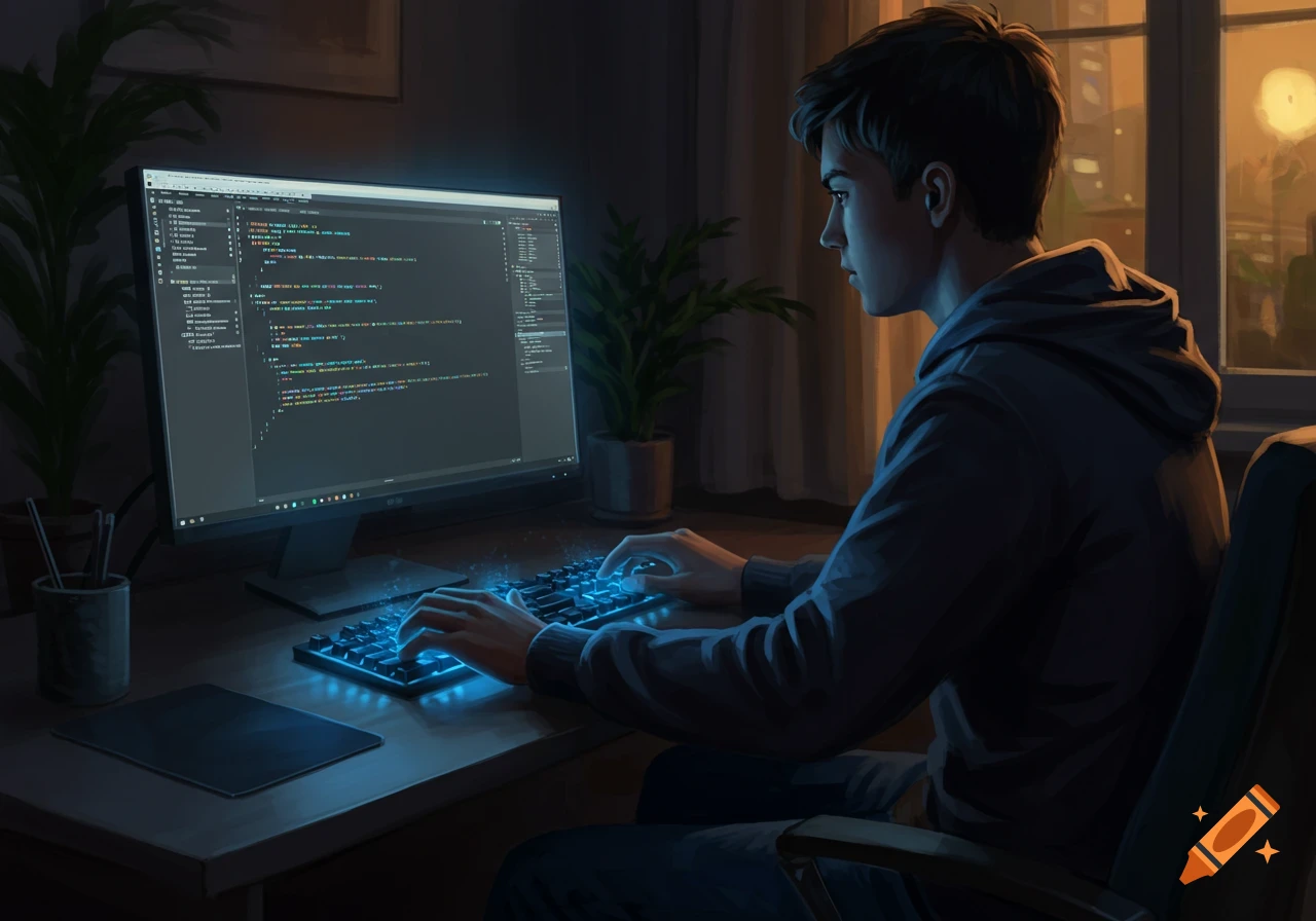 Young person coding on a computer at night