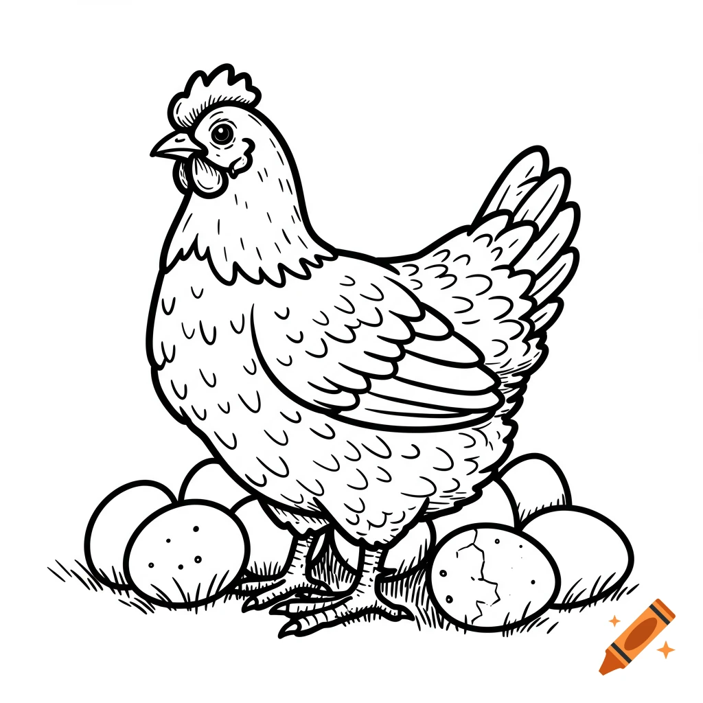 Black and white clip art hen standing on eggs
