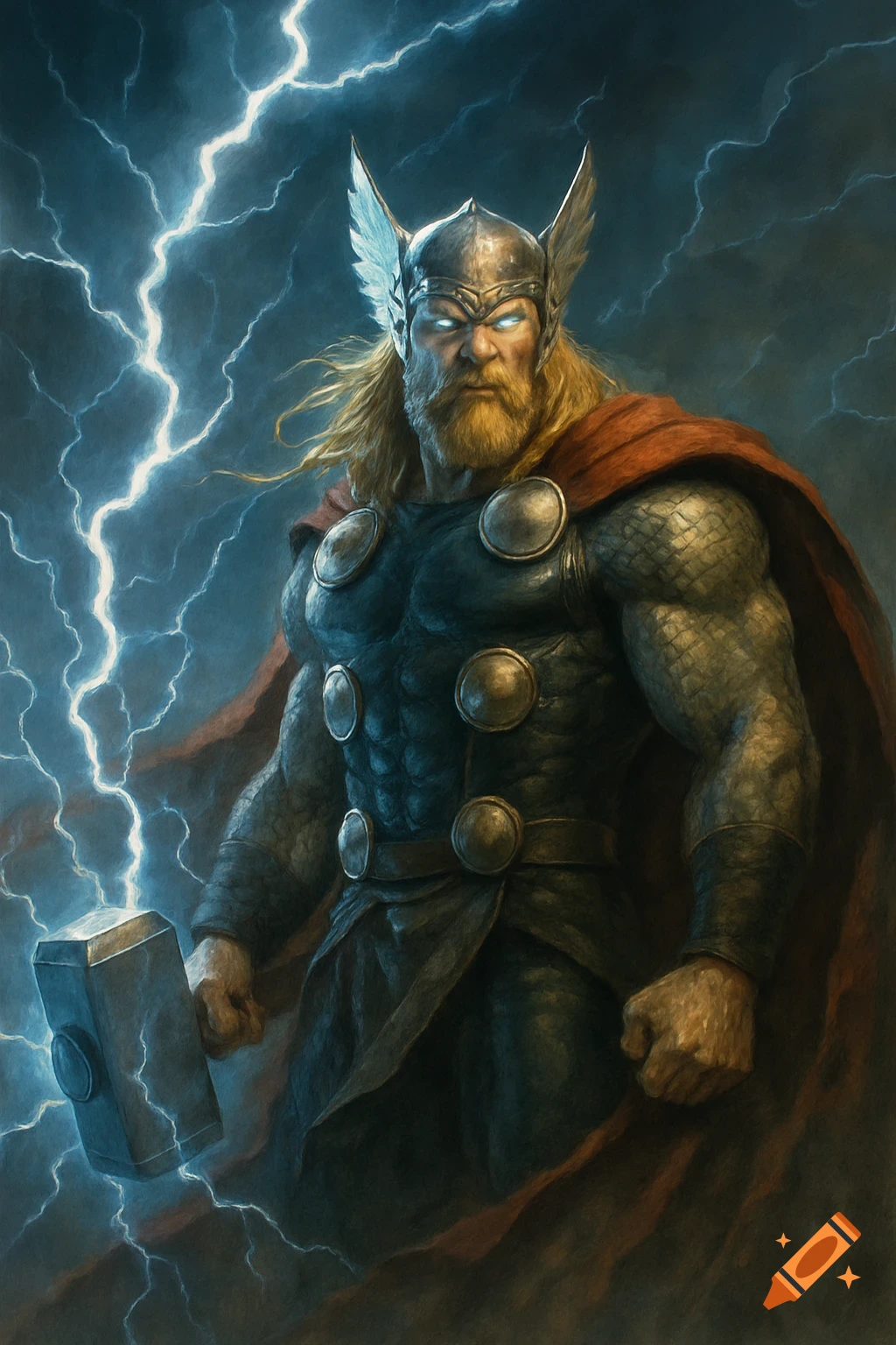 Illustration of Thor with glowing eyes, holding Mjolnir, with lightning behind him.