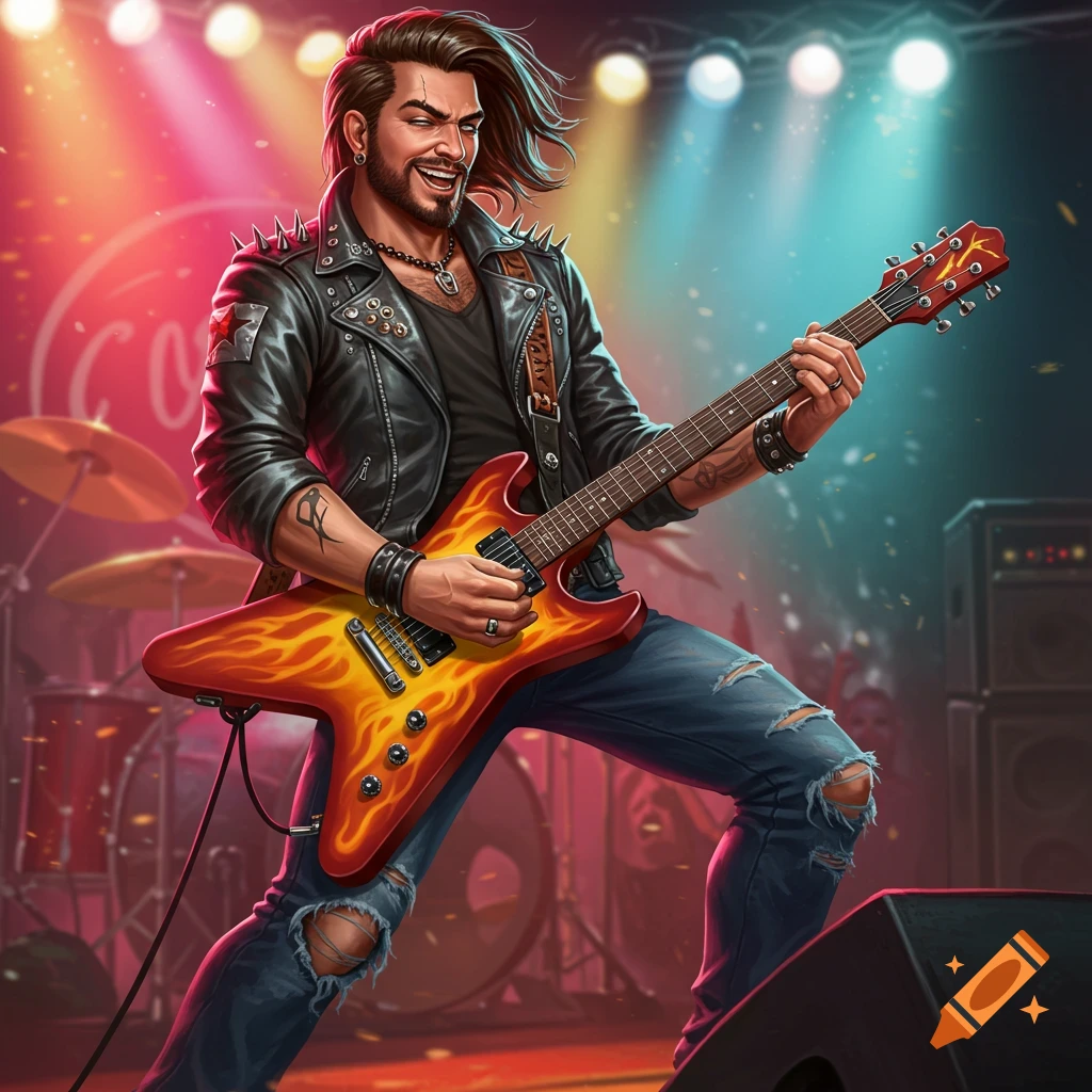 Male rock musician playing a flame-design electric guitar on stage.