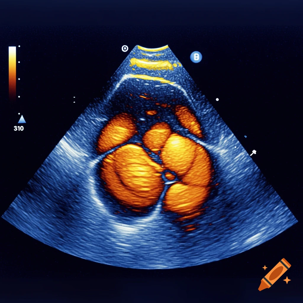 An ultrasound image of a heart, showing anatomical structures in blue, orange, and yellow.