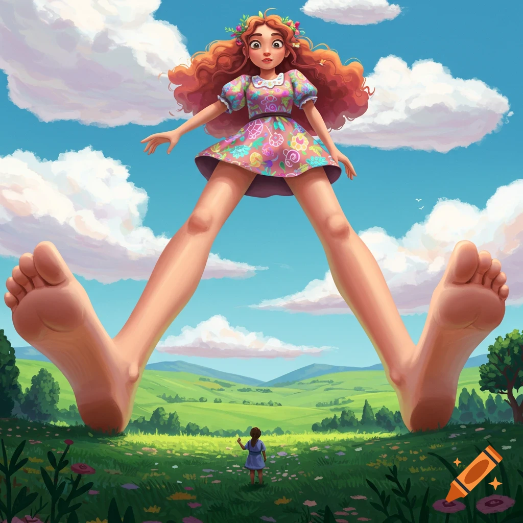 Giant girl's feet tower over a small person in a whimsical grassy ...
