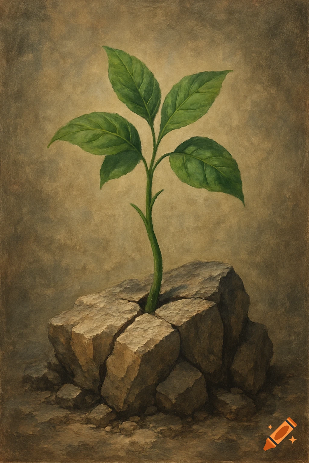 Painting of a green plant growing out of a cracked rock.