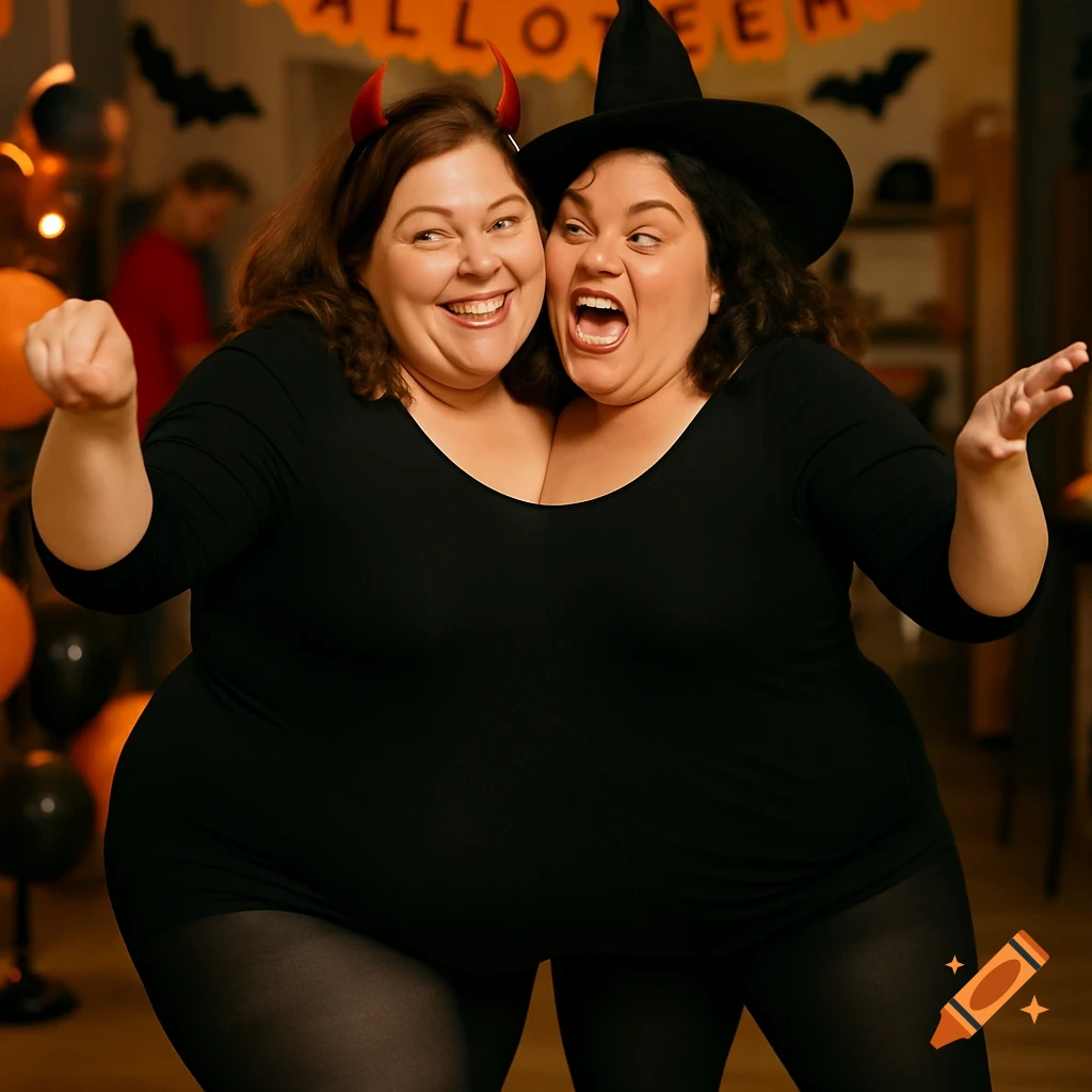 Two women in devil and witch costumes merged into a two-headed figure at a Halloween party.