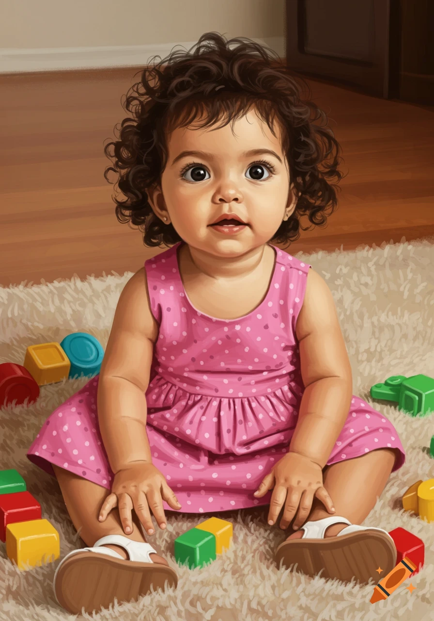 Illustration of a toddler girl in a pink polka dot dress sitting on a rug with colorful blocks.
