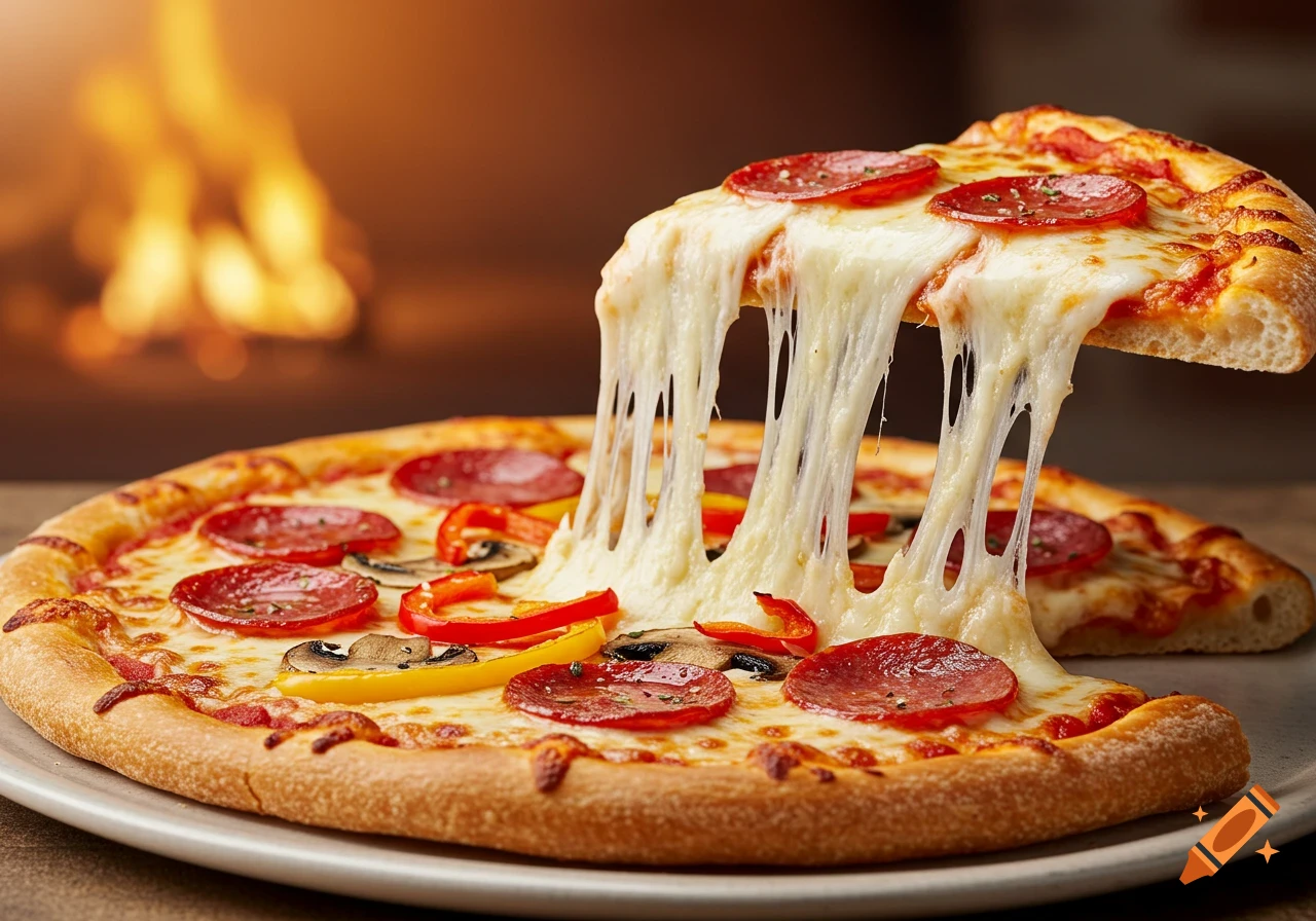 A close-up shot of a slice being pulled from a pizza, creating a long, gooey cheese pull. Pepperoni, peppers, and mushrooms are on the pizza with a wood-fired oven in the background.