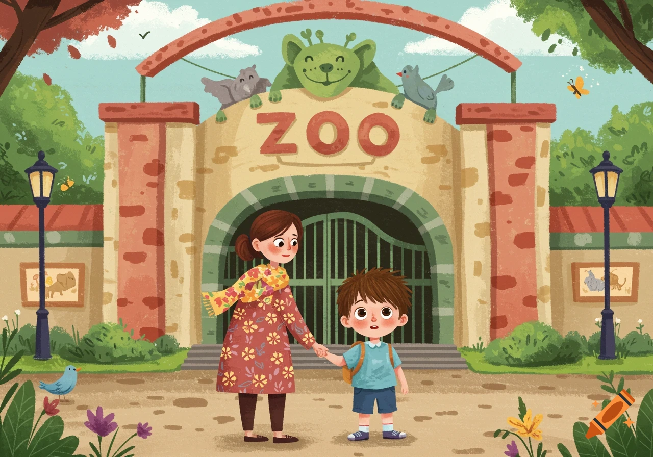 Woman and child in front of a zoo entrance, children's book style illustration.