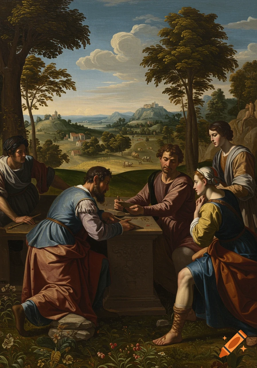 Renaissance painting of people playing a game at a table in a landscape
