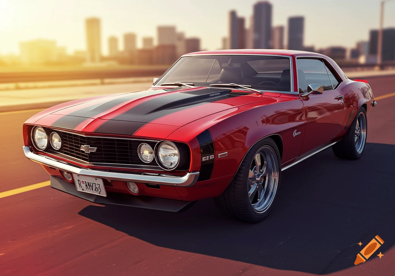 Red classic Chevy Camaro with black racing stripes on a road at sunset with a blurred city skyline.