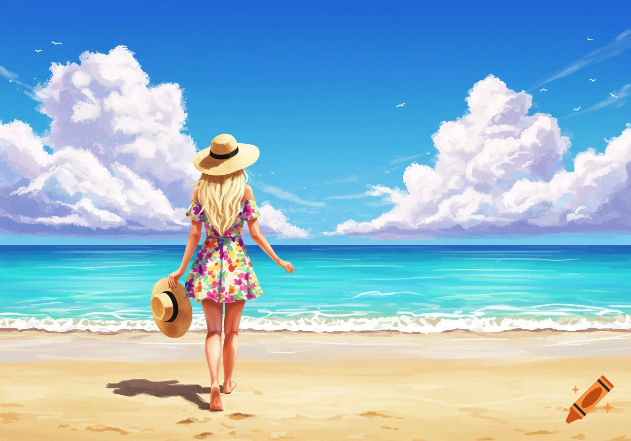 Illustration of a woman in a floral dress walking on a sunny beach ...