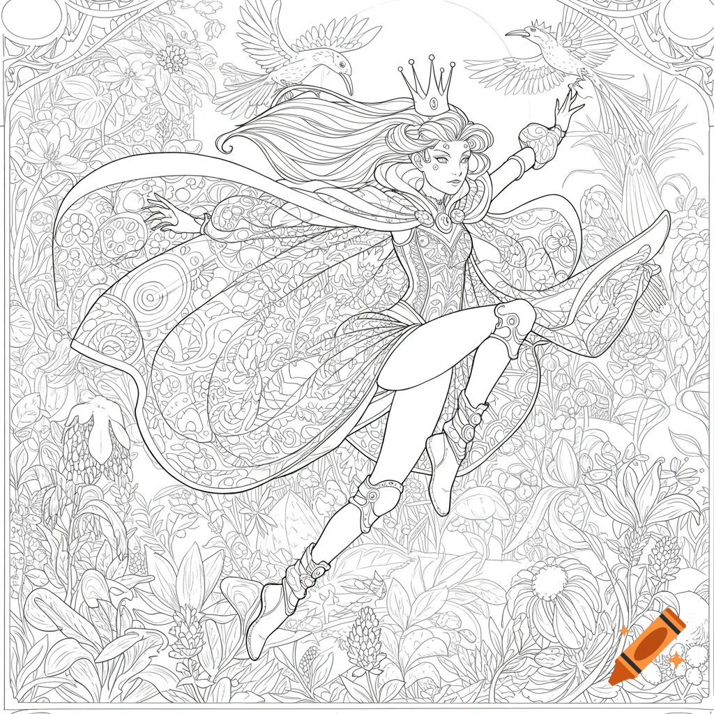 A line drawing of a fantasy queen leaping in a forest setting with birds.