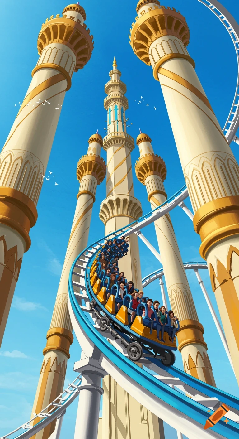Rollercoaster around tall ornate pillars under blue sky