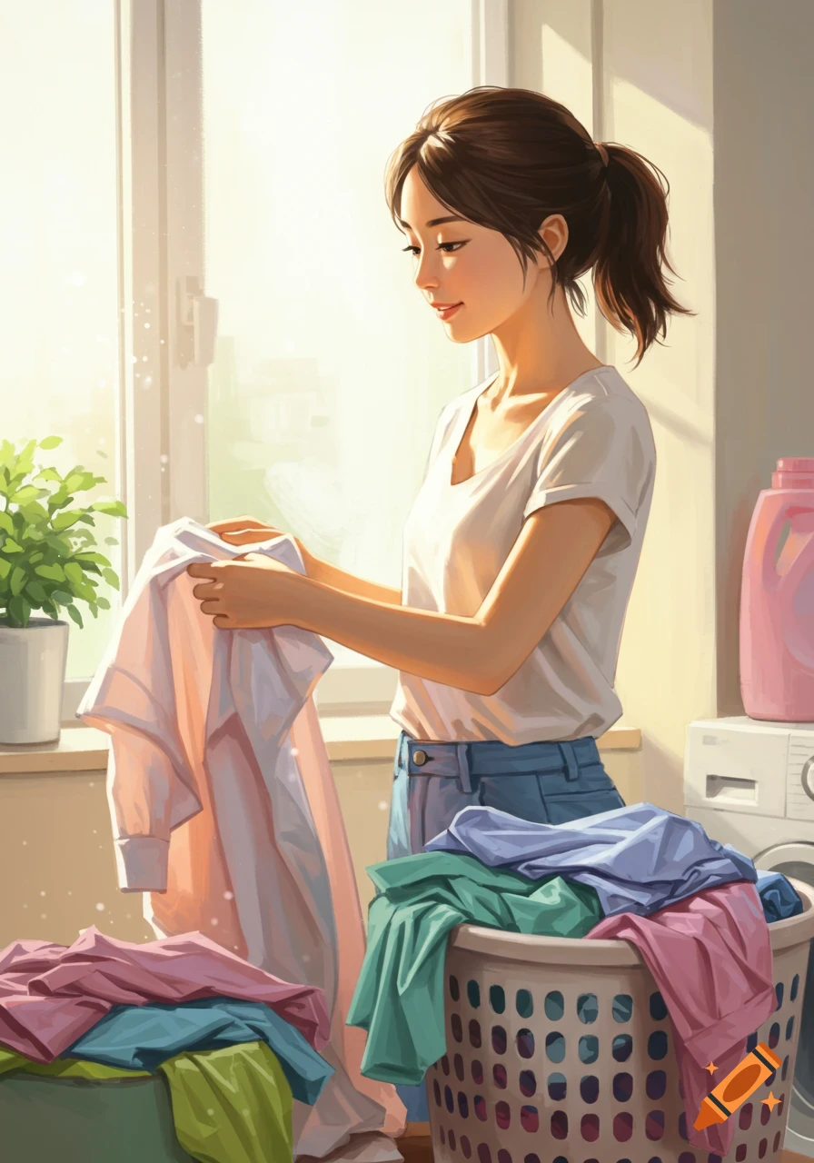 Digital illustration of a woman folding laundry in sunny room