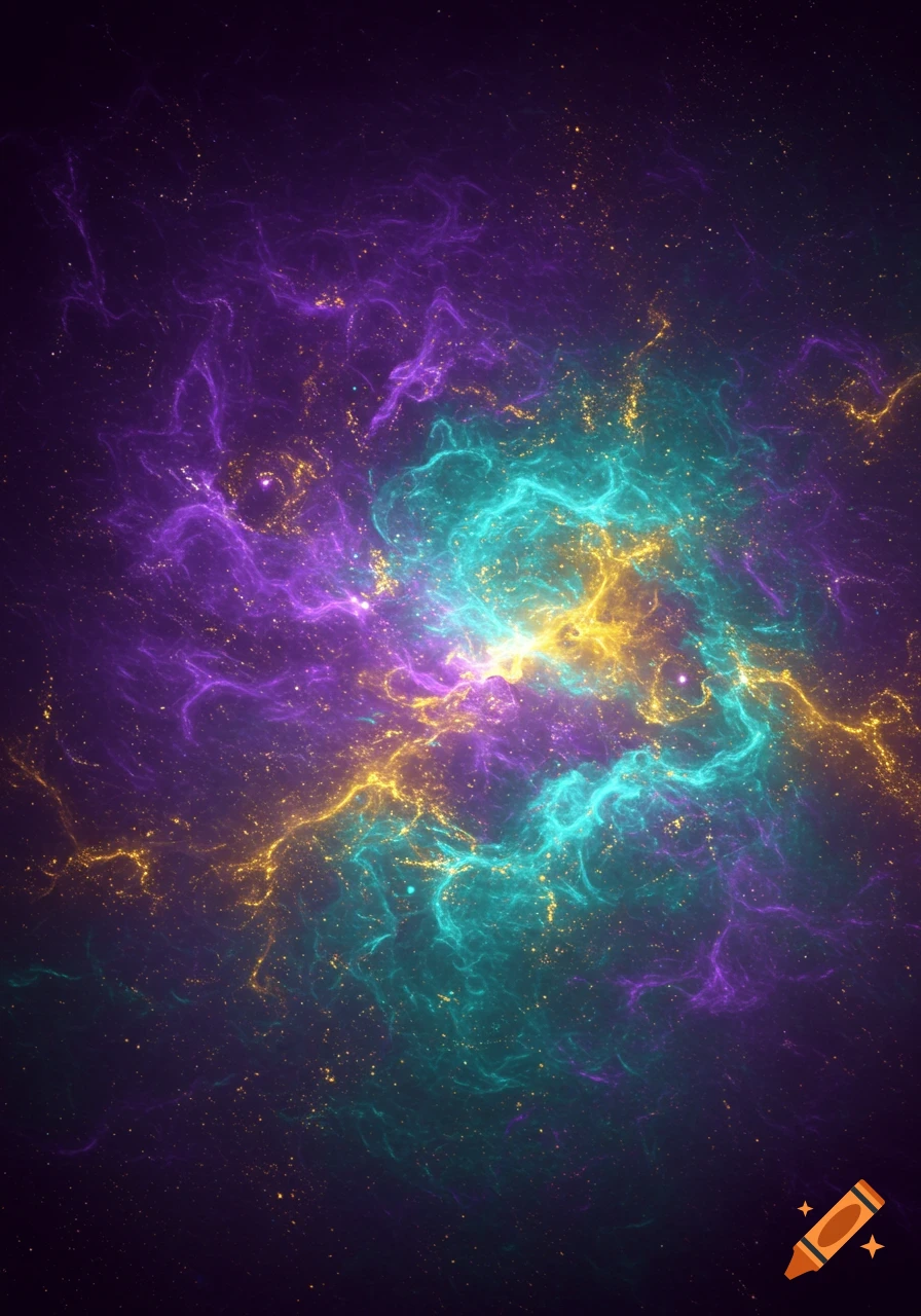 Abstract image of a colorful nebula with purple, teal, and gold swirls and stars.