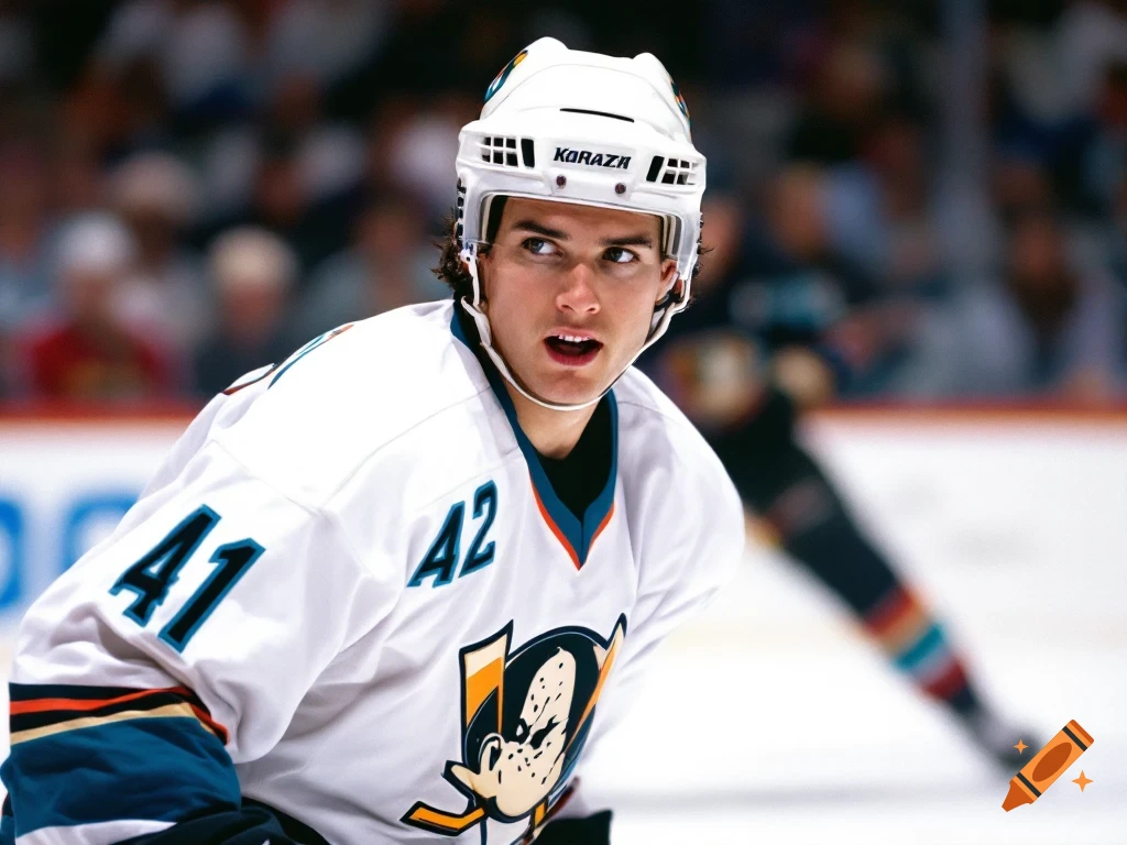 A hockey player wearing a white jersey with teal and orange accents and numbers 41 and 42 on the ice.