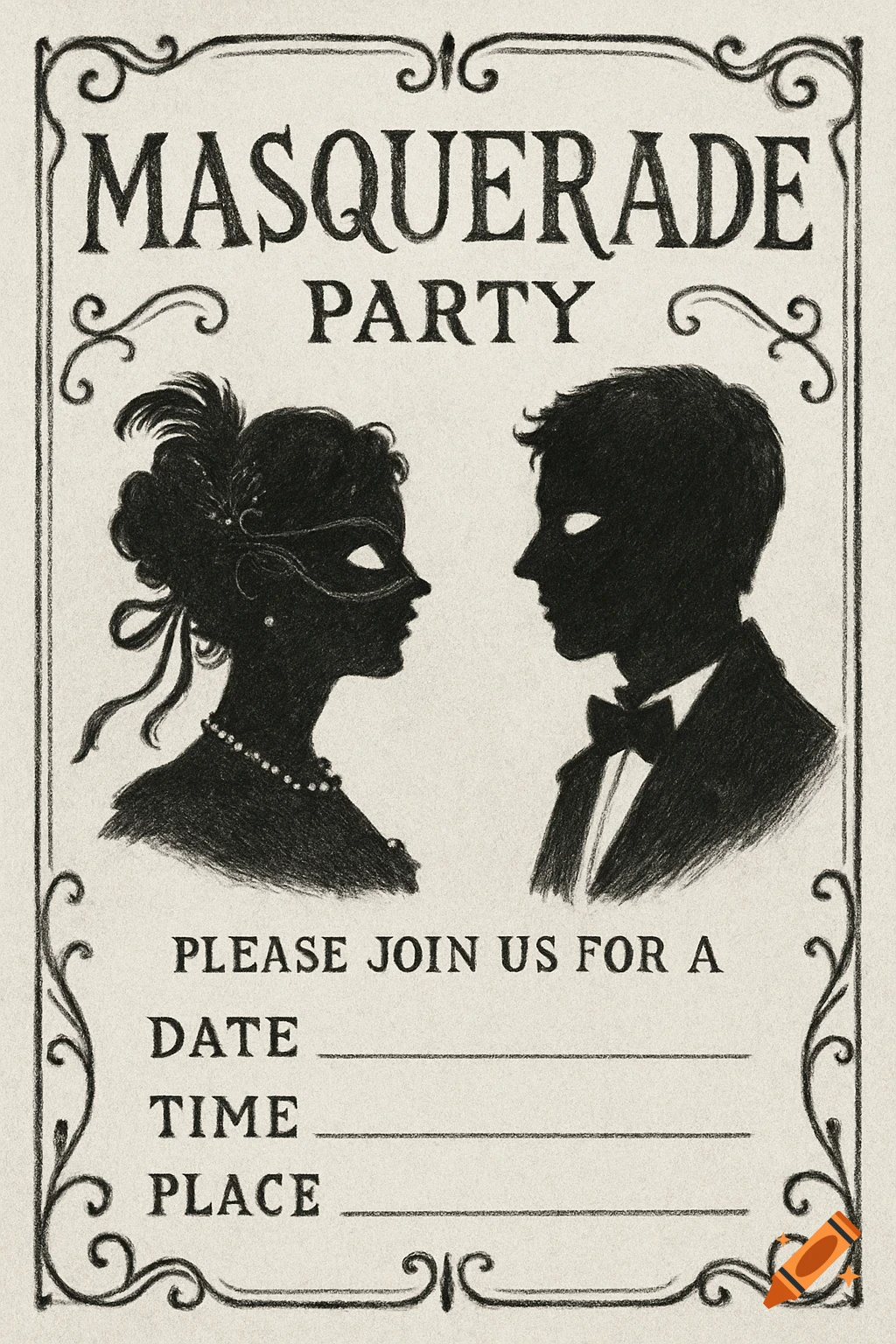 Sketch of a masquerade party invitation with silhouettes of a couple and text fields.