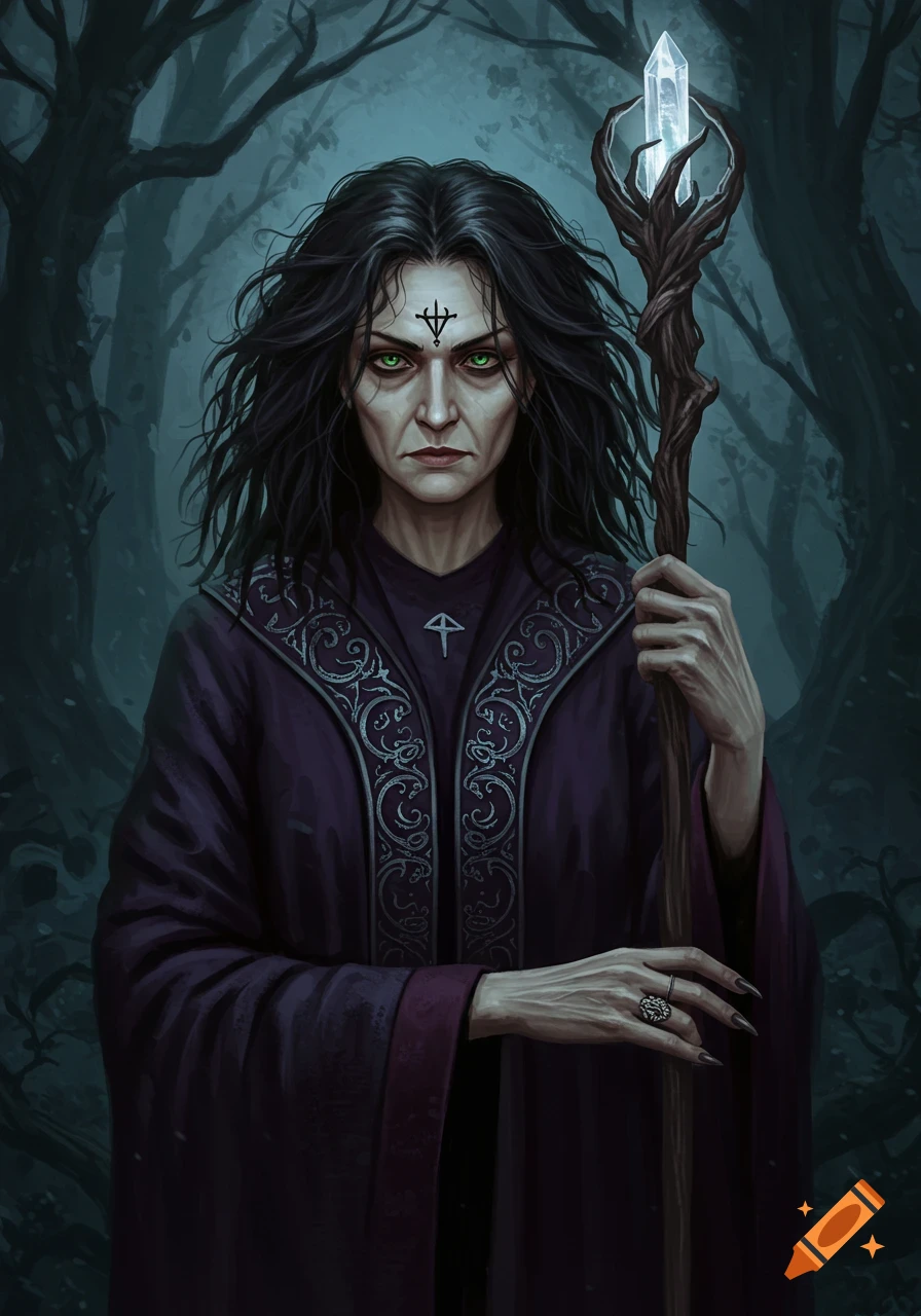 A dark-haired witch with glowing green eyes holds a staff in a misty forest.