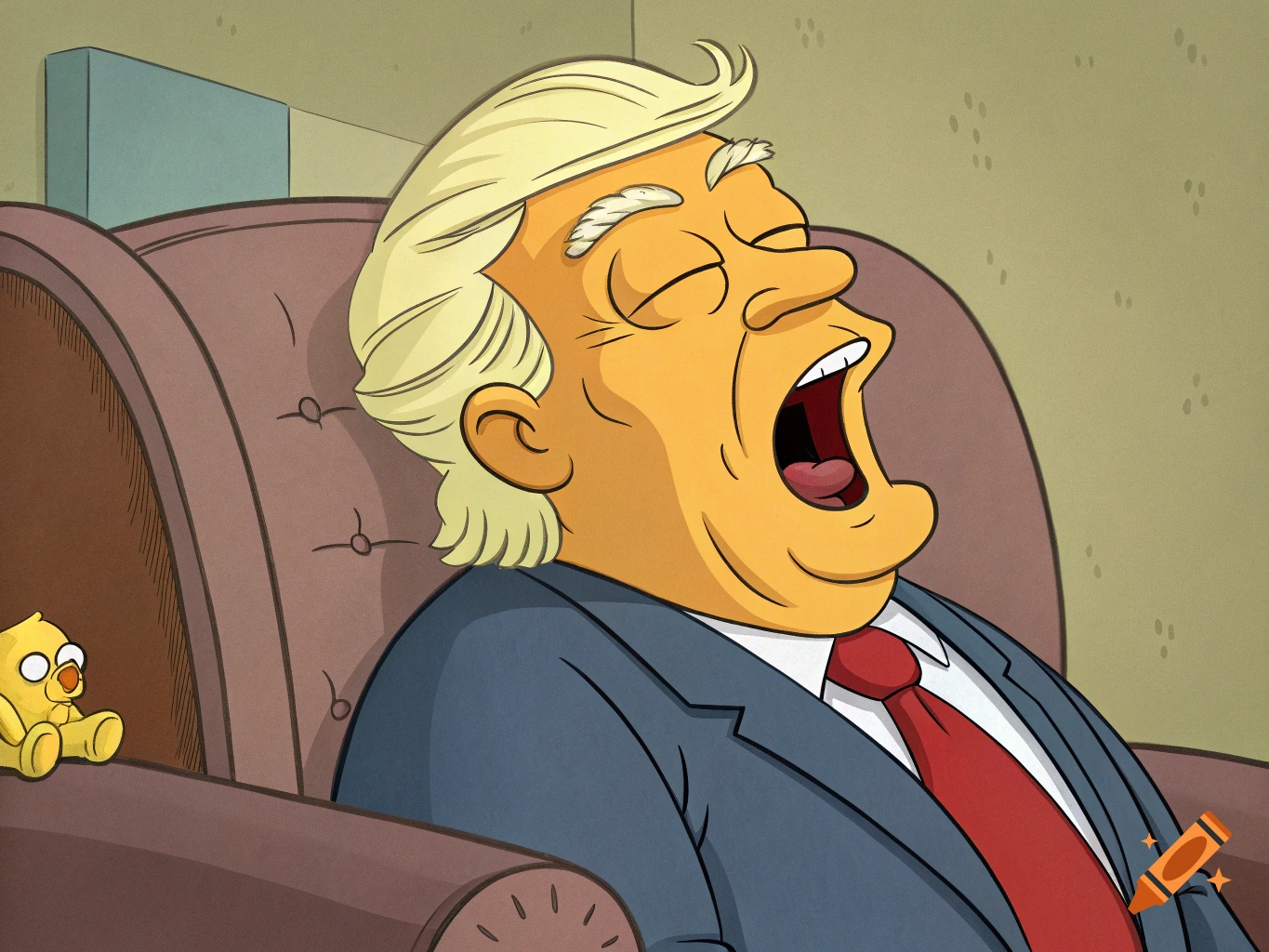 Cartoon of a person resembling Donald Trump snoring in a chair with a yellow bird toy nearby.
