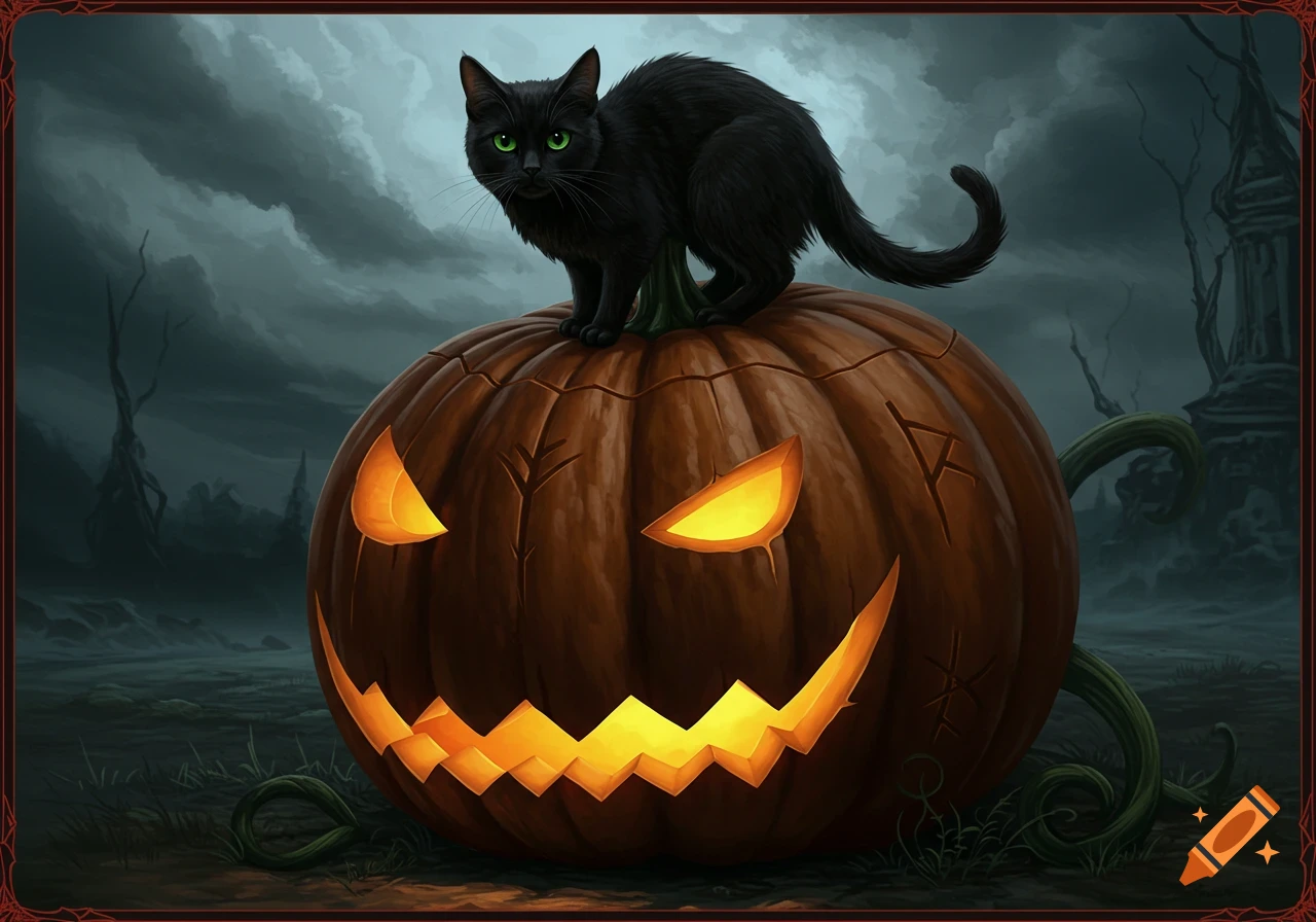 A black cat sits atop a glowing jack-o'-lantern in a gothic Halloween scene.