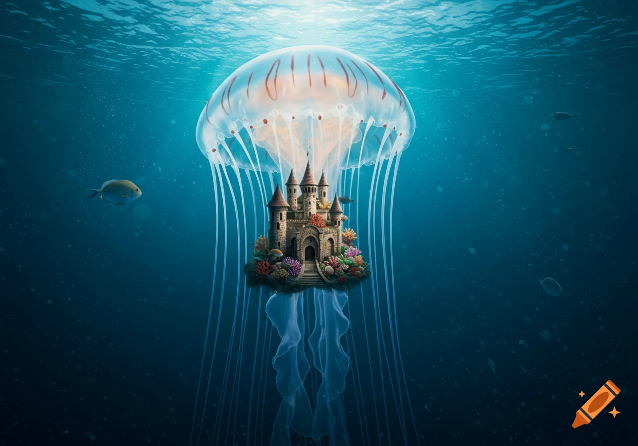 A large translucent jellyfish floats underwater, containing a stone castle on a coral reef inside its bell. Fish swim nearby.
