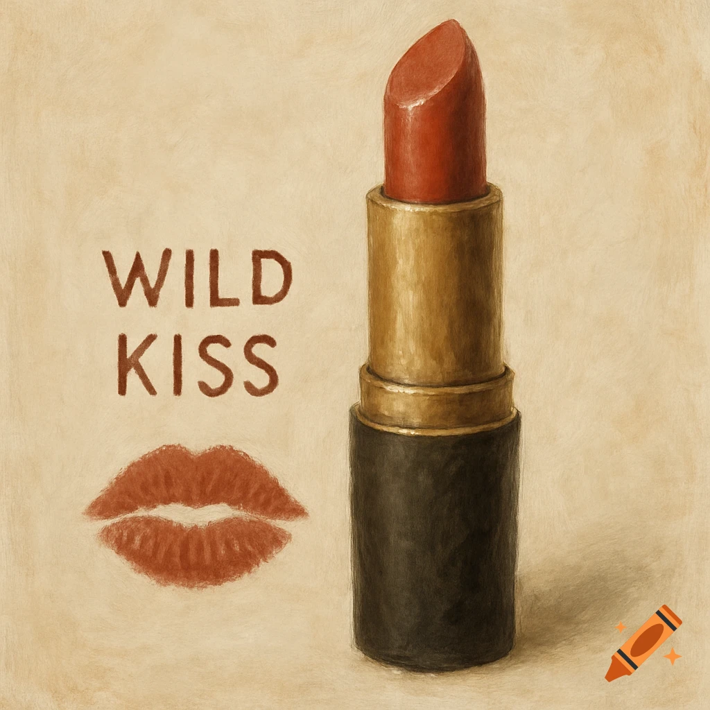 Painting of a lipstick tube, a pair of lips, and the text "WILD KISS" on a textured background.