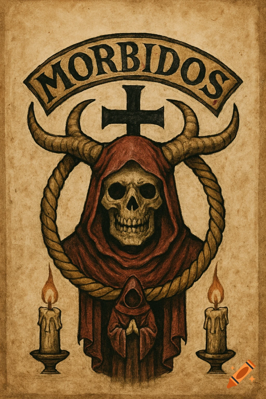 Illustration of a skull in a red hooded robe and horns, encircled by rope, with a cross above and candles below, and the word MORBIDOS
