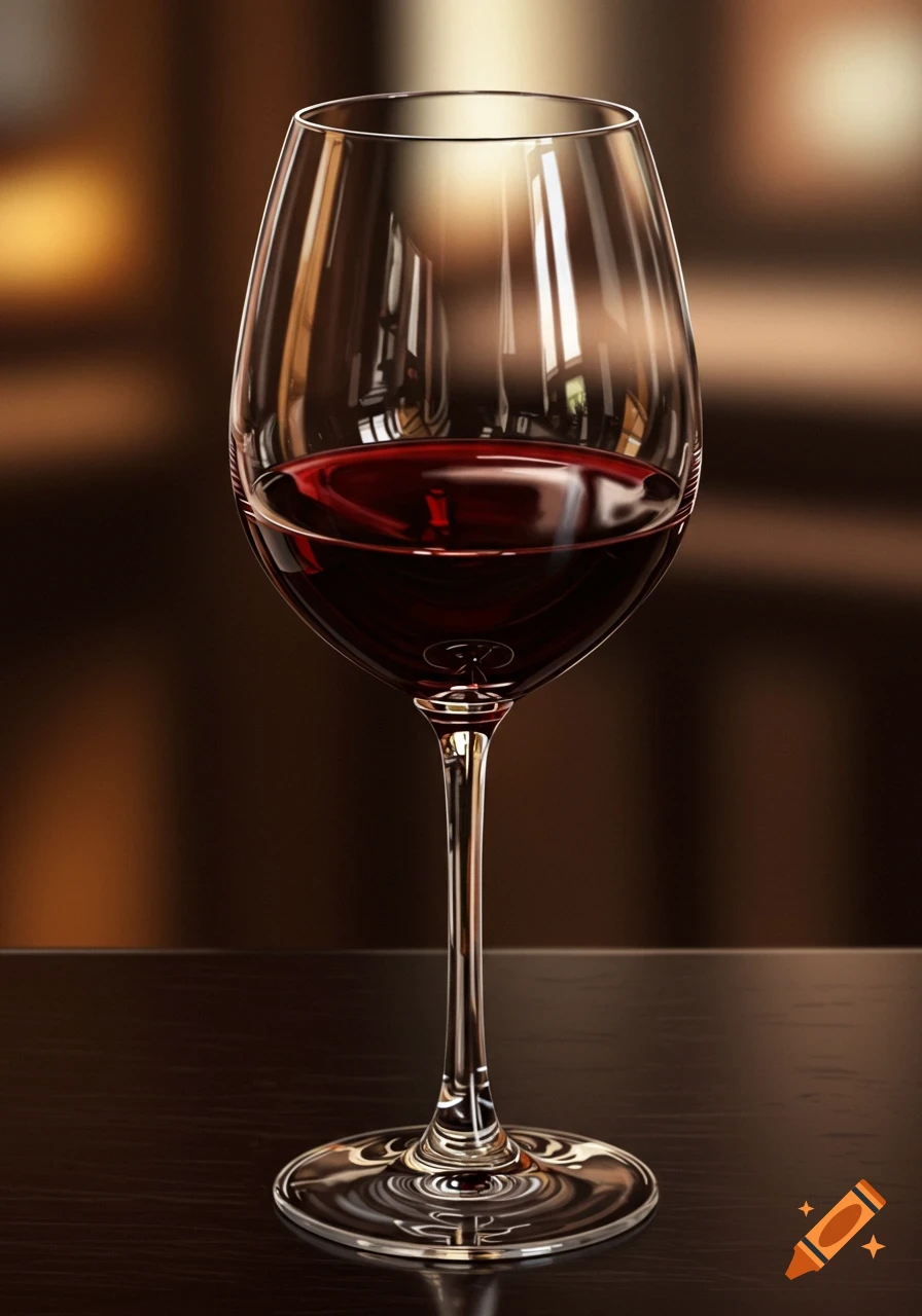 A close-up photorealistic image of a glass of red wine on a dark table with a blurred background.