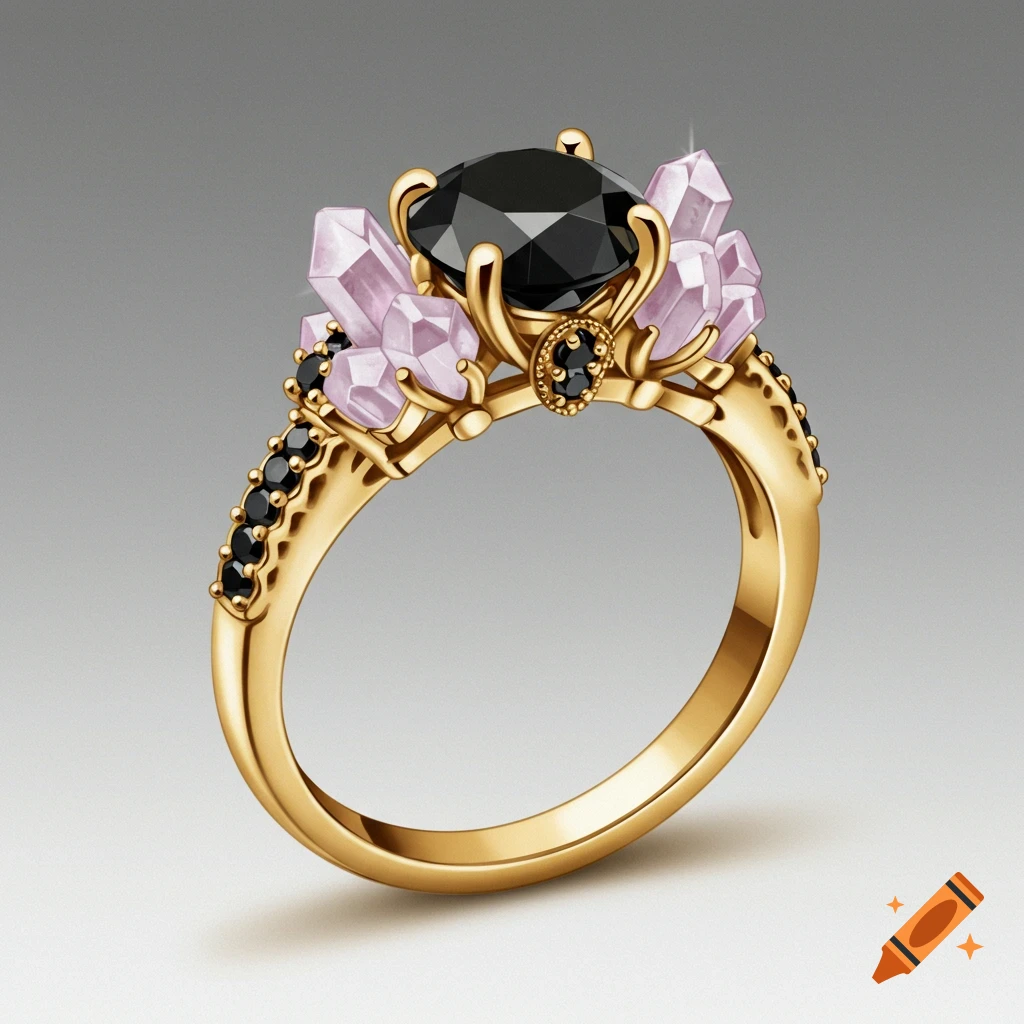 Gold engagement ring with a large black center stone and pink crystals on the sides